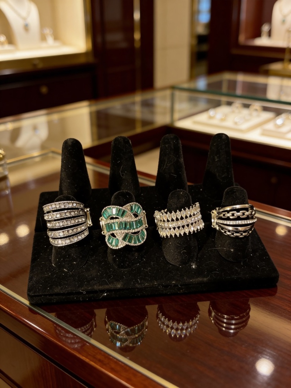 Rhinestone Cocktail Women's Statement Rings - Green and Silver-Tone